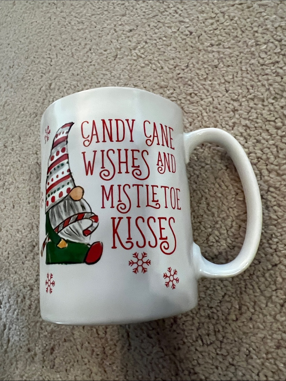 Peppermint & Pine White Mug with Red & Green Gnome Holiday Design Candy Cane